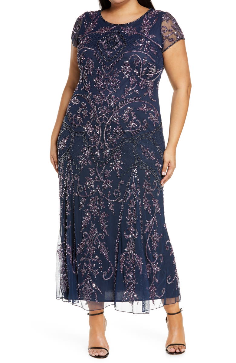 Pisarro Nights Beaded Short Sleeve Column Gown, Main, color,