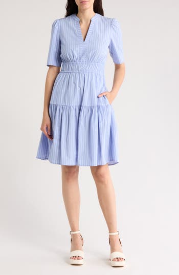 ELIZA J ELIZA J STRIPE SHORT SLEEVE COTTON FIT & FLARE DRESS