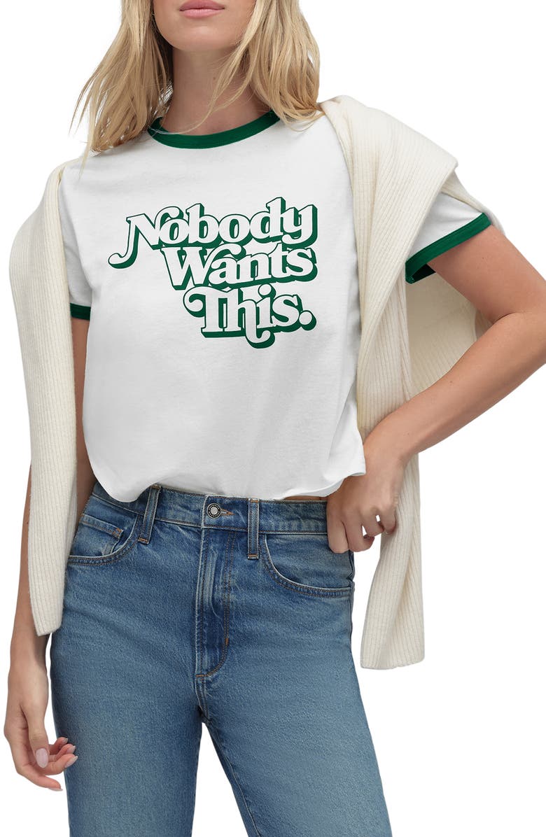 Favorite Daughter x 'Nobody Wants This' Contrast Binding Organic Cotton Graphic T-Shirt, Main, color, White/ Emerald