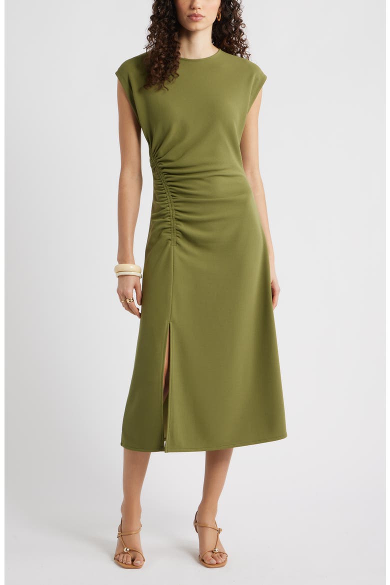 Side Ruched Knit Midi Dress, Main, color, OLIVE CAPULET