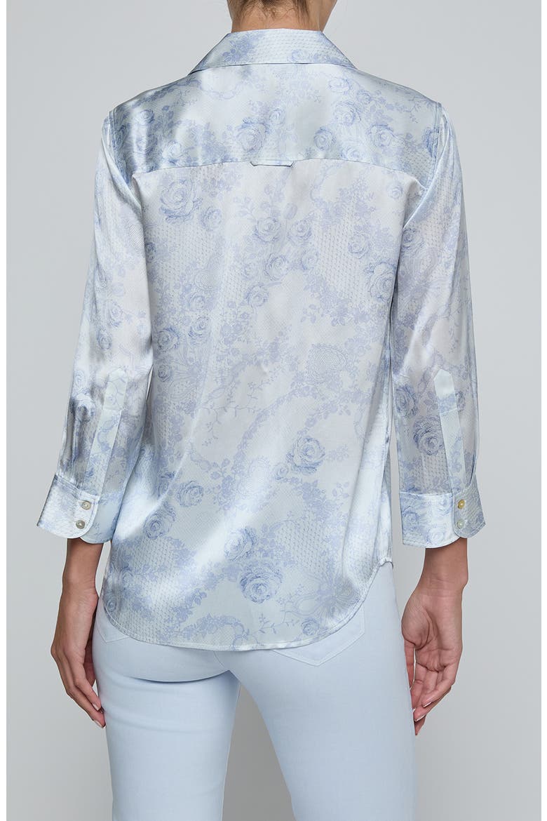 Dani Lace Print Three-Quarter Sleeve Silk Button-Up Shirt, Alternate, color, IVORY MIST/ BLUE LACE PRINT