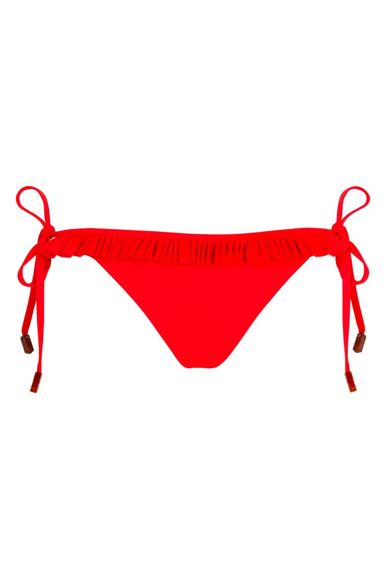 Women's Solid Side Tie Bikini Bottom With Ruffle, Alternate, color, COQUELICOT