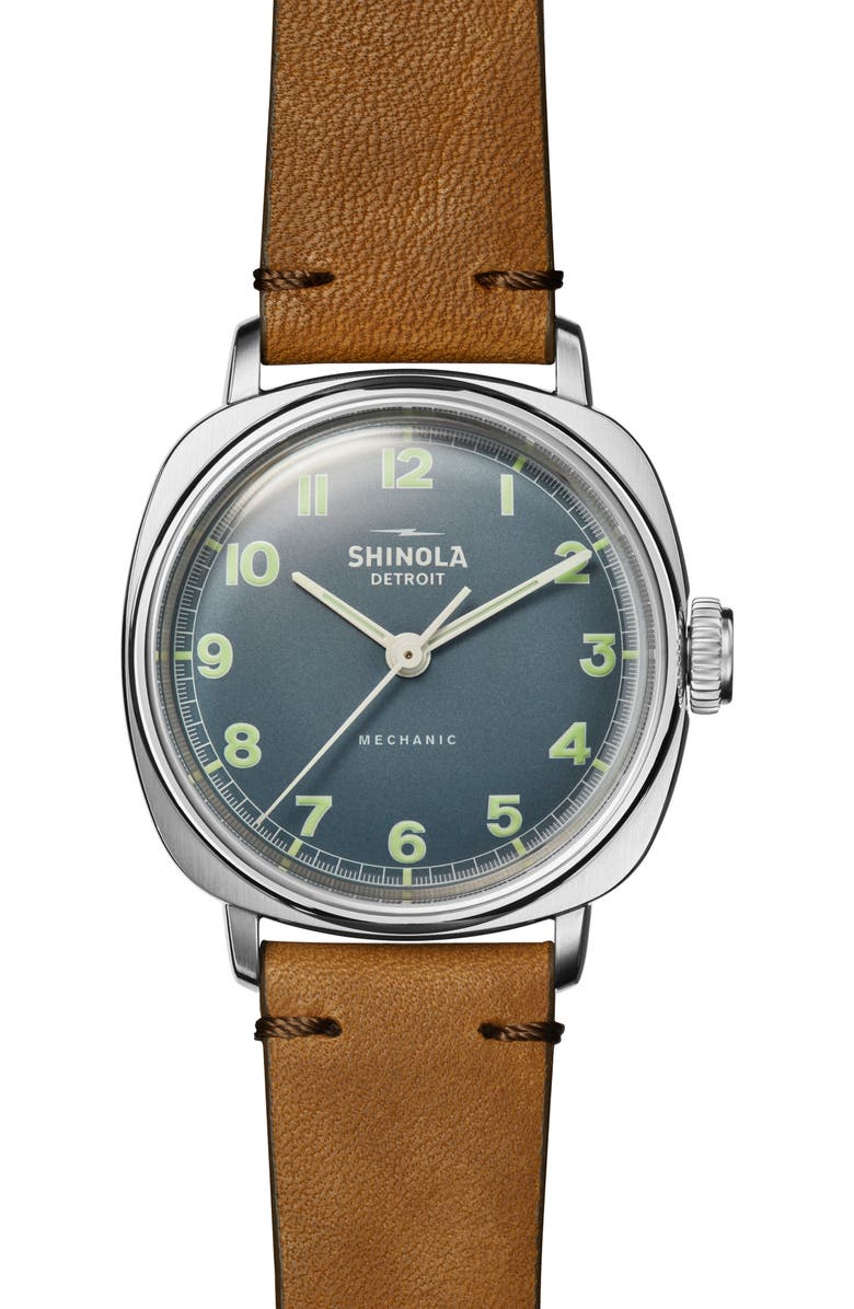Shinola The Mechanic Leather Strap Watch, Main, color, Blue
