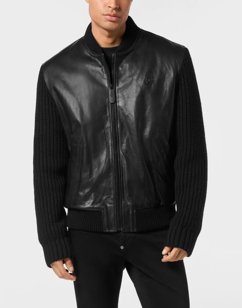 Leather Bomber With Knitted Sleeves Men