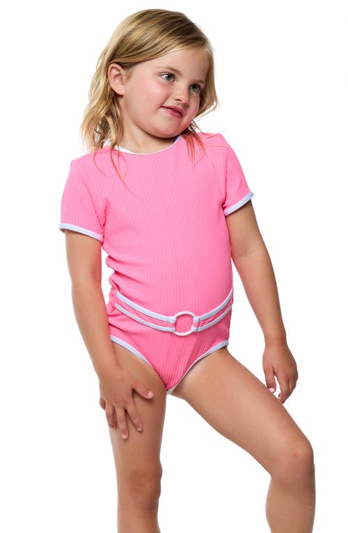 Shop Beach Lingo Kids' Coco Belted Short Sleeve One-piece Swimsuit In Watermelon