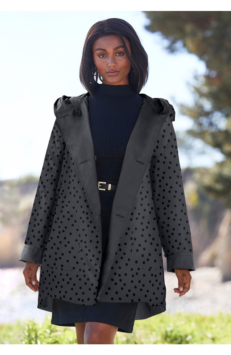 Jessica London Reversible A-Line Raincoat, Alternate, color, Dark Charcoal Dot