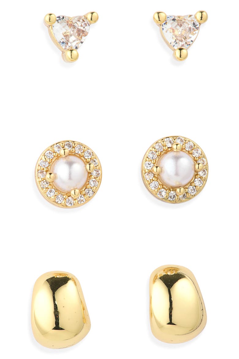 3 Pairs of Stud Earrings, Main, color, CLEAR- WHITE- GOLD