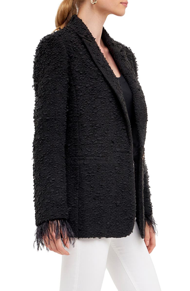 Endless Rose Feather Cuff Tweed Blazer, Alternate, color, Black