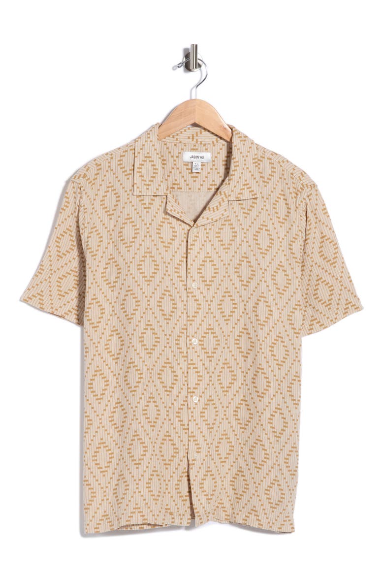 Geometric Print Linen Blend Camp Shirt, Alternate, color, BEIGE COMBO GEOMETRIC PRINT