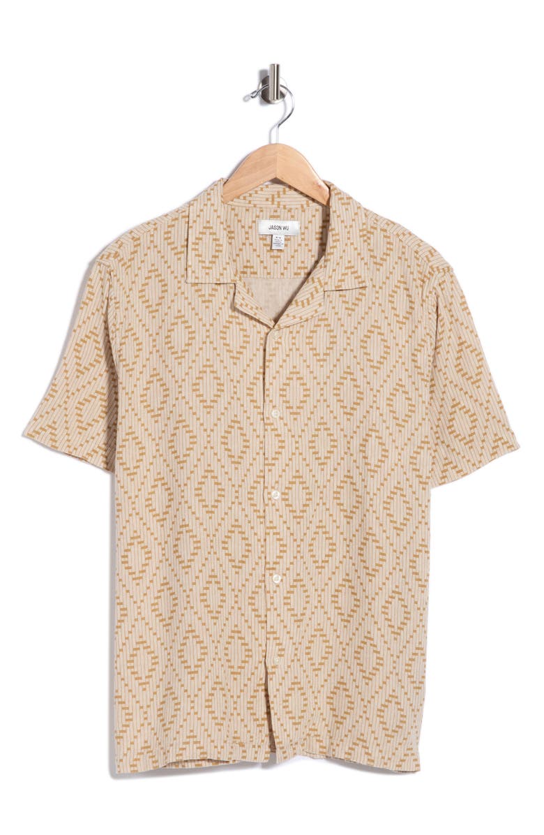 JASON WU Geometric Print Linen Blend Camp Shirt, Main, color, Beige Combo Geometric Print