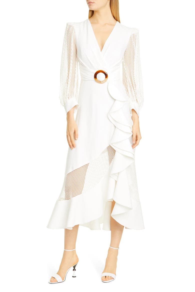 PatBO Mesh Trim Belted Midi Dress, Main, color, WHITE