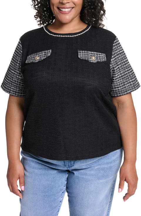 Faux Pearl Trim Tweed Detail Top