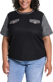 KARL LAGERFELD PARIS Faux Pearl Trim Tweed Detail Top