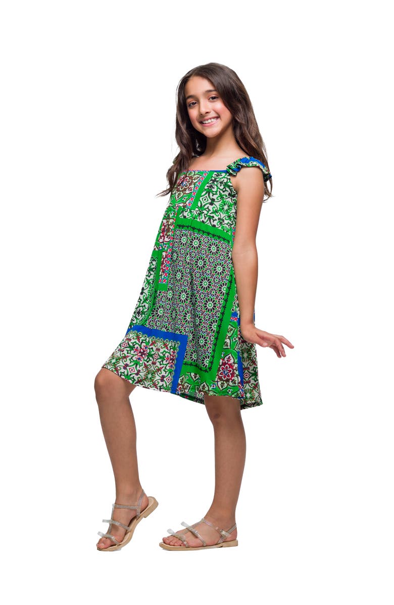 24sevenKid Green Scarf Print Ruffle Summer Dress, Alternate, color, Green Multi