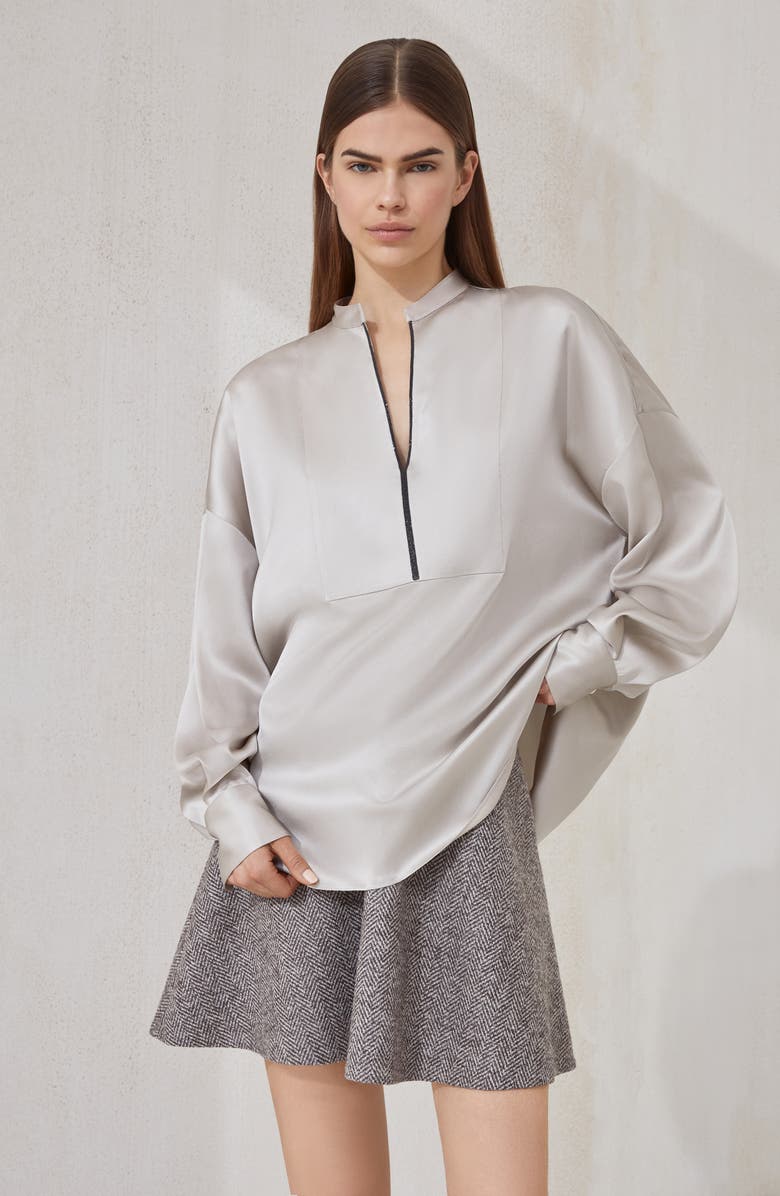 Brunello Cucinelli Stretch silk satin blouse, Alternate, color, Beige Silk