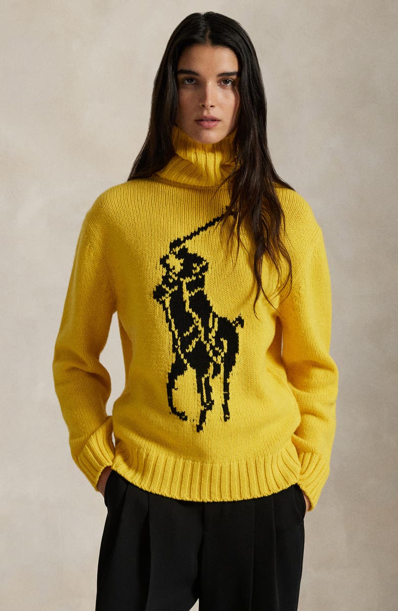 Polo Ralph Lauren Big Pony Turtleneck Wool Sweater, Alternate, color, Yellowfin/ Polo Black