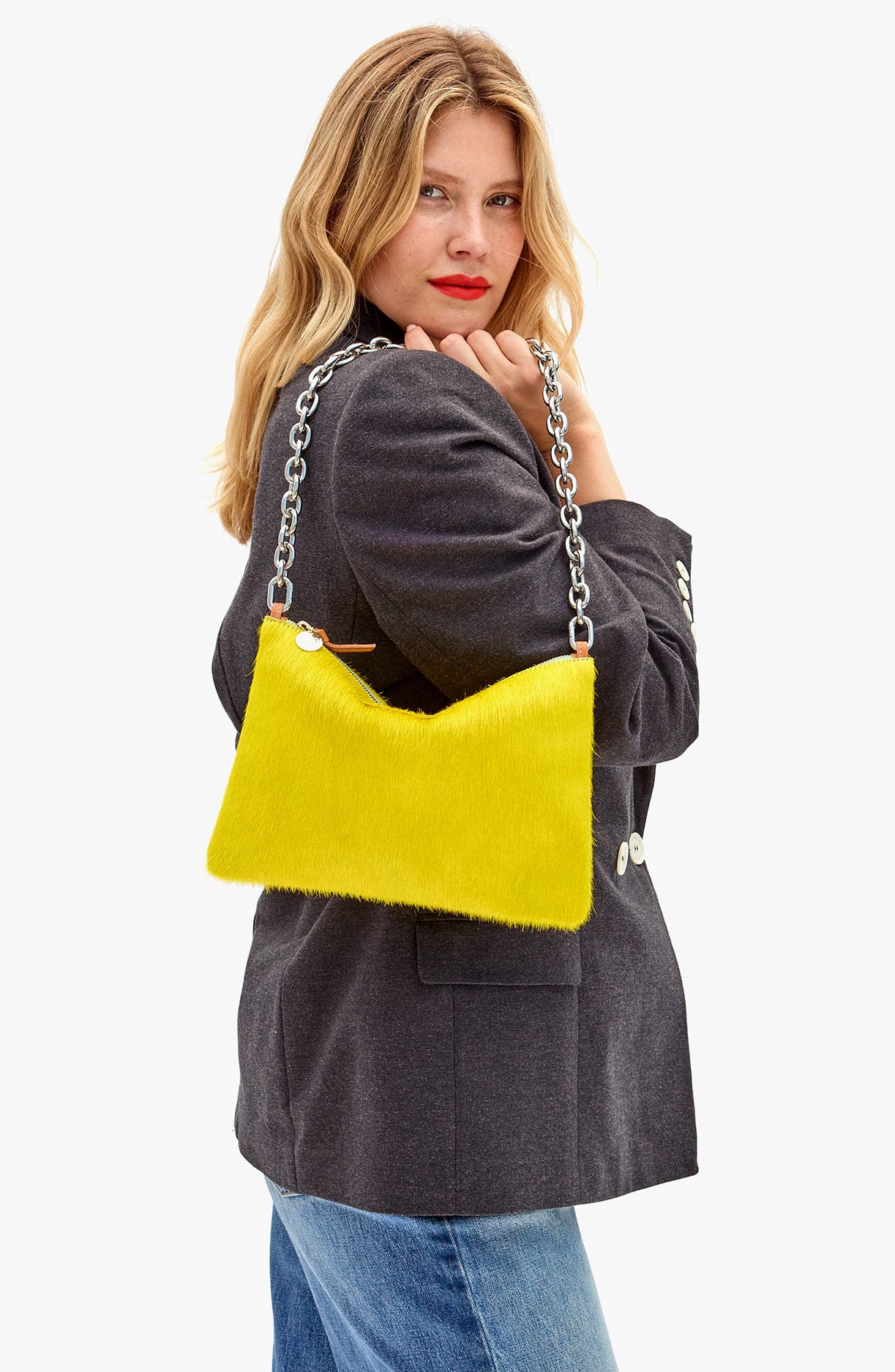 Clare V. Genuine Calf Hair Flat Clutch with Tabs, Alternate, color, Citron