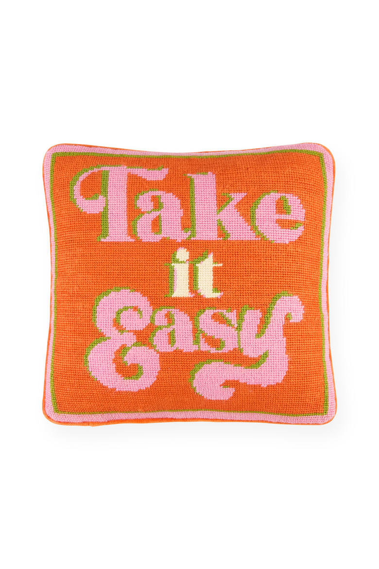 Take It Easy Needlepoint Pillow, Main, color, Orange / Pink / Green