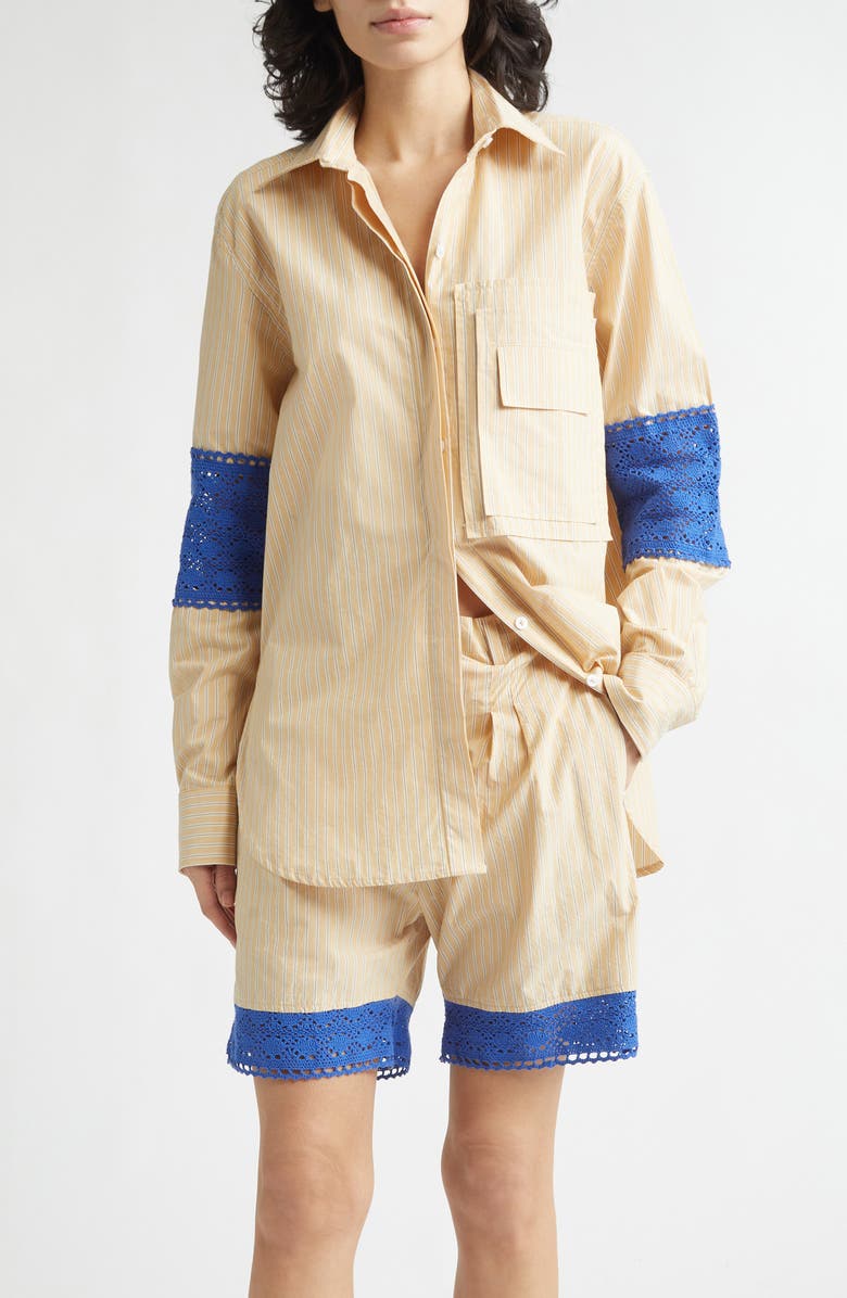 KÚR Oversize Stripe Organic Cotton Button-Up Shirt with Crochet Panels, Main, color, Beige