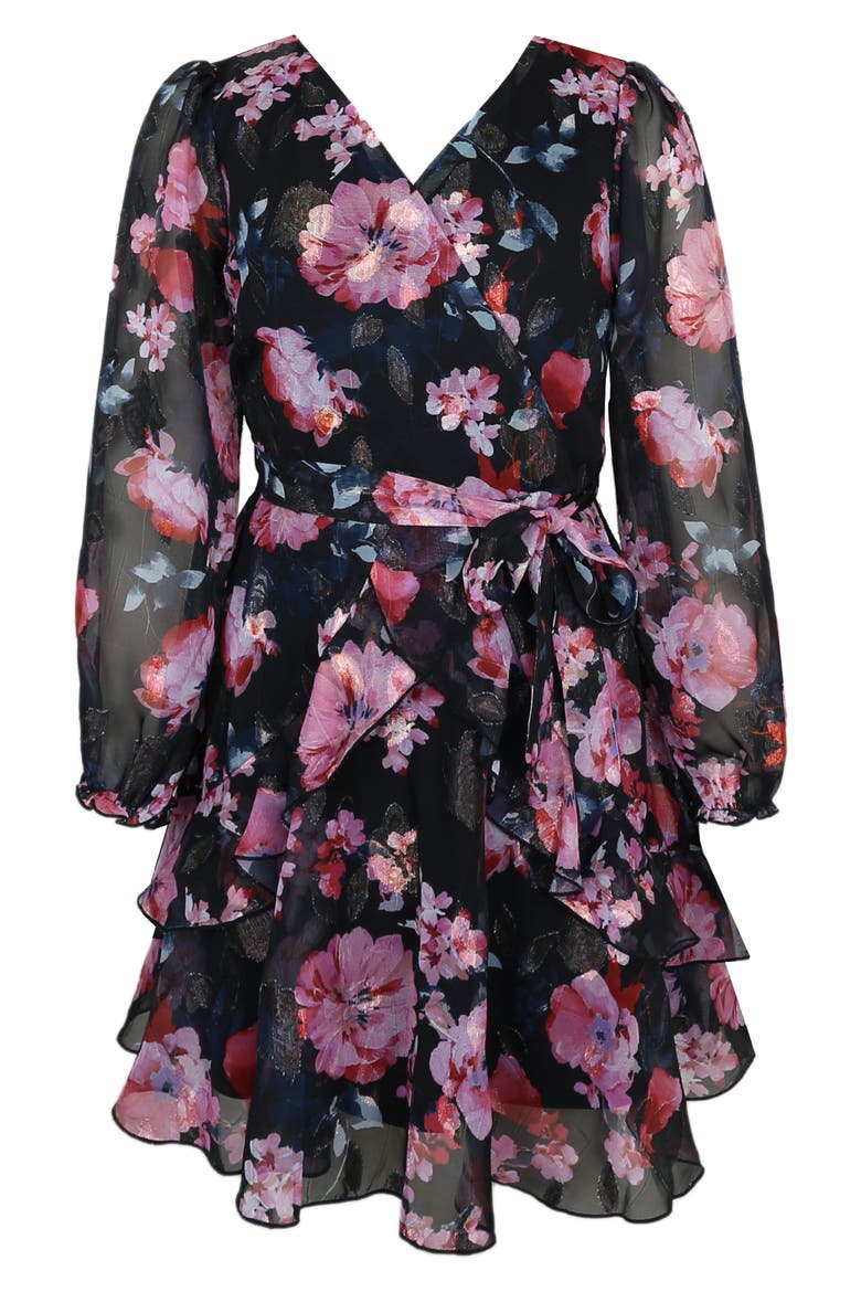 Kids' Rose Metallic Long Sleeve Party Dress, Main, color, BLACK MULTI