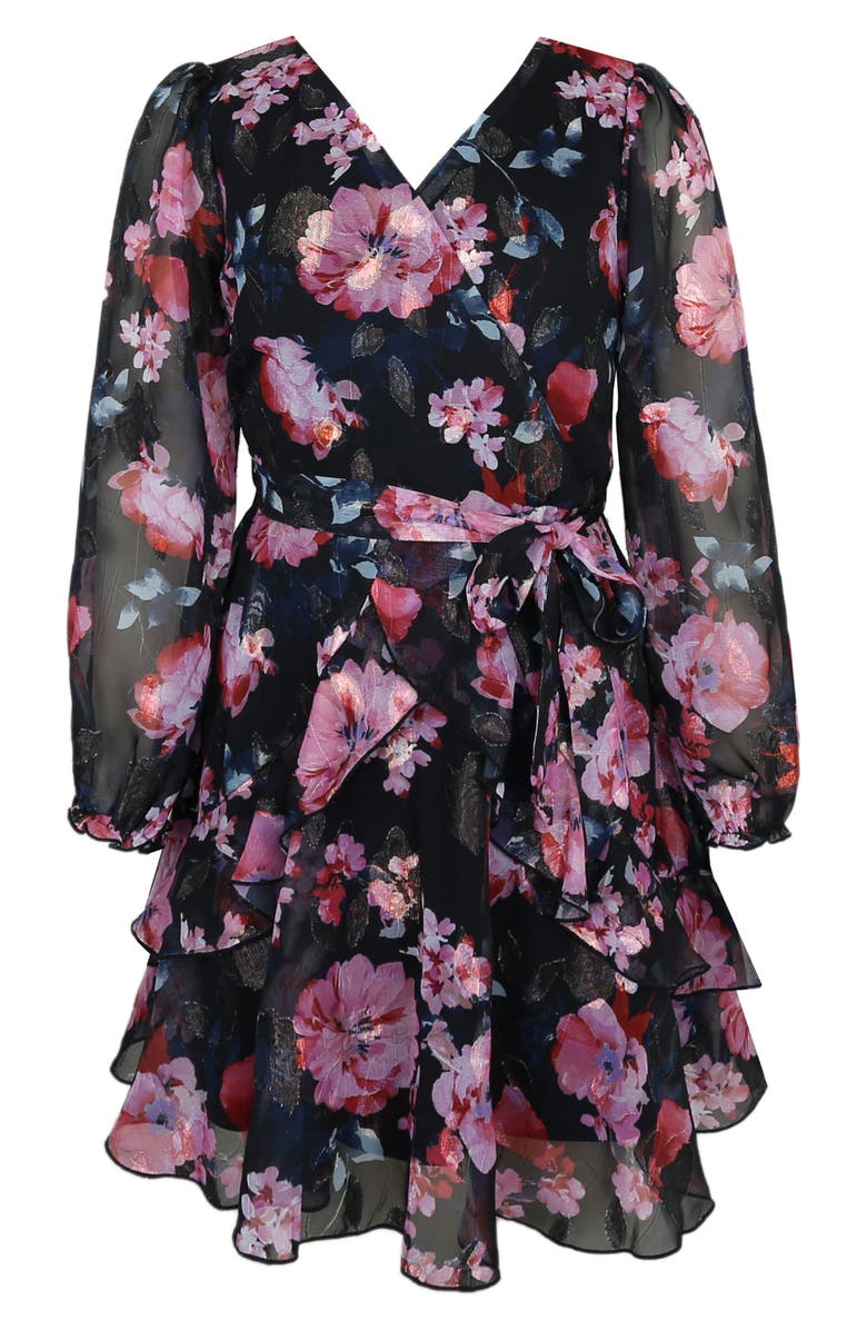 Zunie Kids' Rose Metallic Long Sleeve Party Dress, Main, color, Black Multi