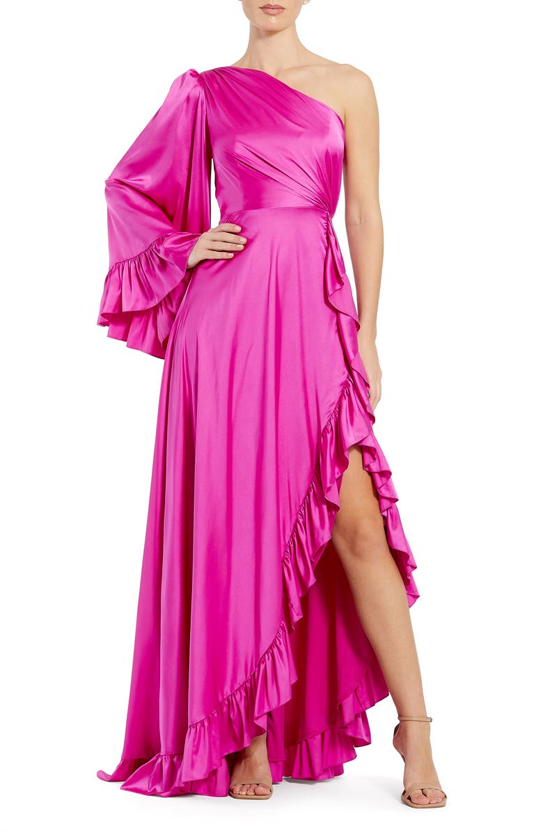 Mac Duggal Long One Sleeve Asymmetrical Ruffle Hem Gown, Main, color, Magenta