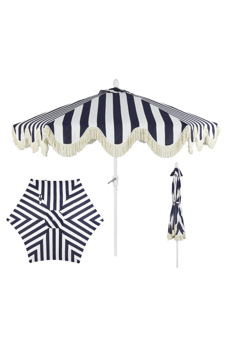 Collins Bohemian Fringe Outdoor Patio Umbrella with Crank Lift and Tilt, Scalloped UV-Resistant Canopy, Aluminum Pole, Main, color, Navy/White - White Pole