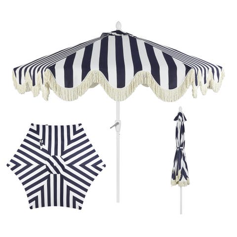 Collins 9 ft. Classic Cottage Fringe Tassel Market Patio Umbrella with Auto-Tilt Crank