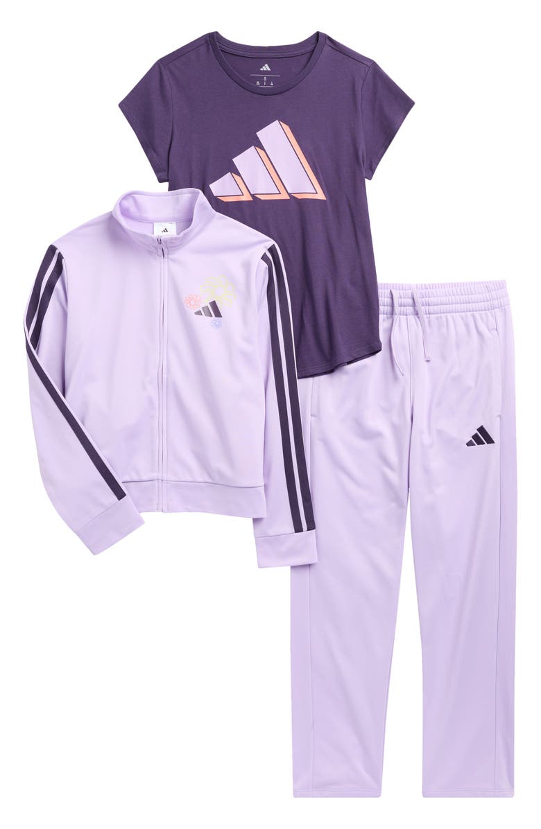 adidas Kids' Logo T-Shirt, Tricot Track Jacket & Joggers Set, Main, color, Powder Plum