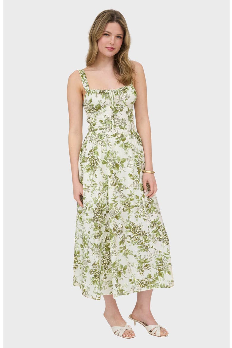 Floral Bustier Midi Dress, Alternate, color, LIGHT OLIVE MULTI