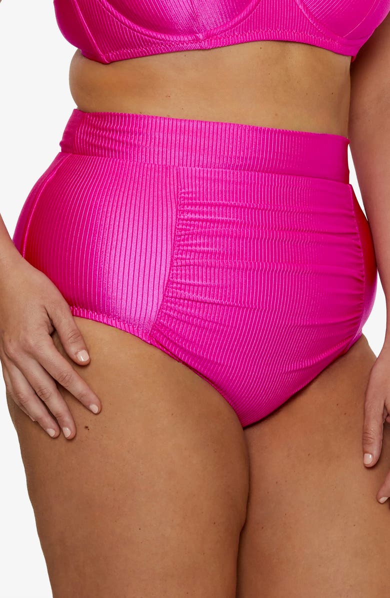 Becca Etc. Monte Carlo Ruched High Waist Bikini Bottoms, Alternate, color, Azalea