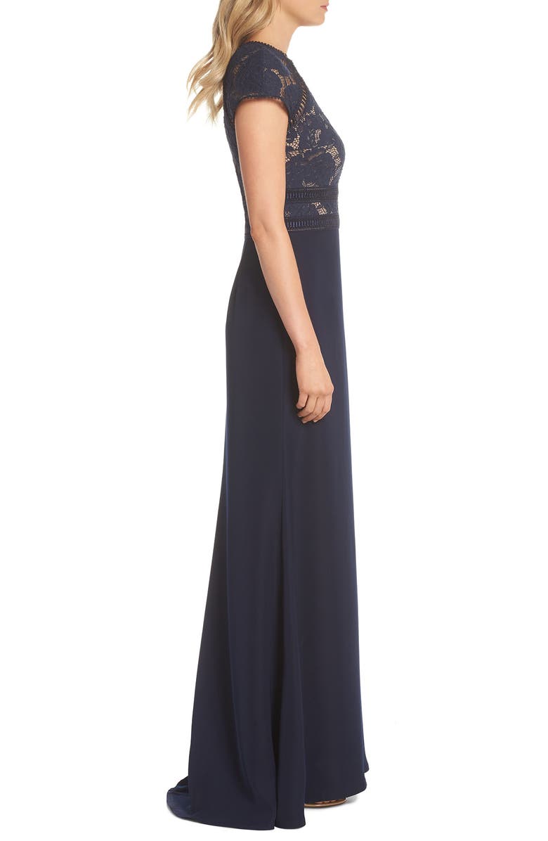 Tadashi Shoji Lace & Crepe A-Line Gown, Alternate, color, Navy/ Nude