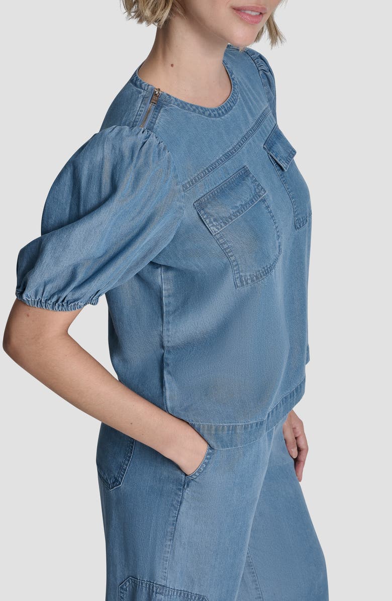 DKNY Zip Shoulder Denim Puff Sleeve Blouse, Alternate, color, Stream Wash