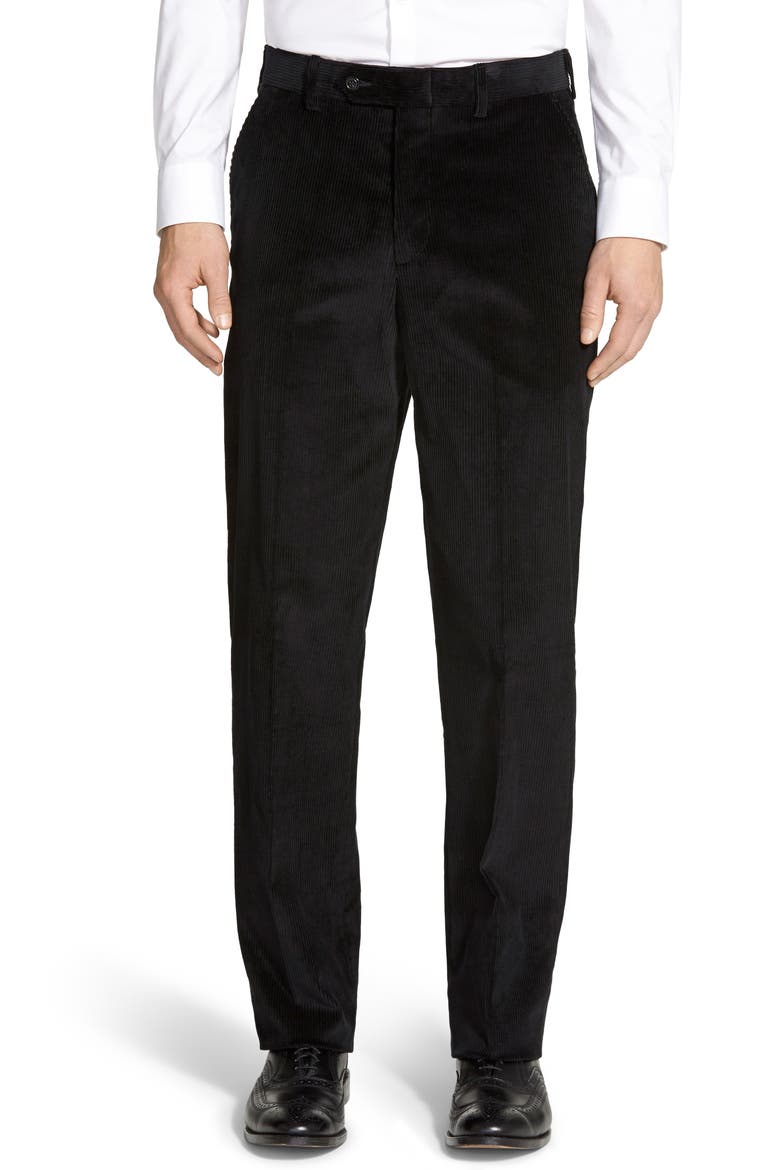 Flat Front Classic Fit Corduroy Trousers, Main, color, BLACK