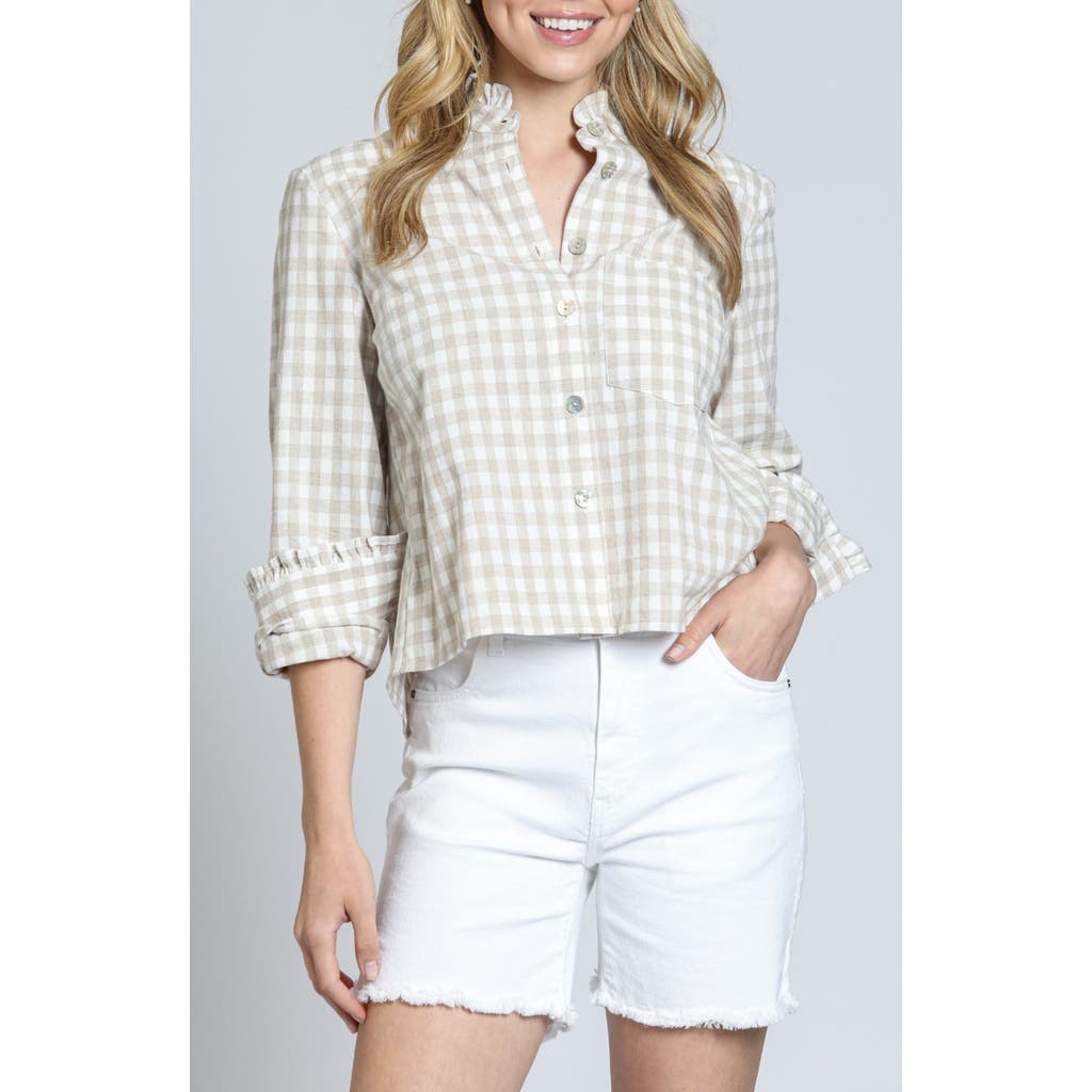 Apny Ruffle Long Sleeve Crop Button-up Shirt In White