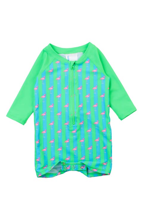 Neon Flamingo Long Sleeve One-Piece Rashguard Swimsuit (Baby)