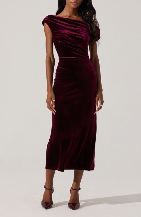 One-Shoulder Velvet Midi Dress