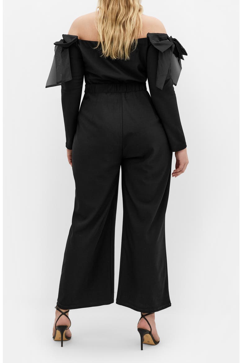 Stacie Off the Shoulder Bow Long Sleeve Jumpsuit, Alternate, color, BLACK