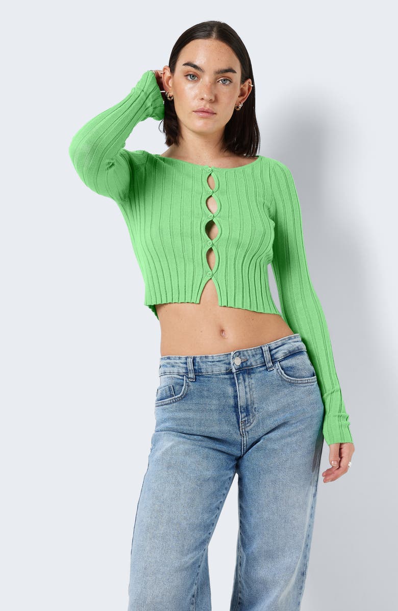 Noisy may Frey Rib Cutout Long Sleeve Crop Cardigan, Alternate, color, 