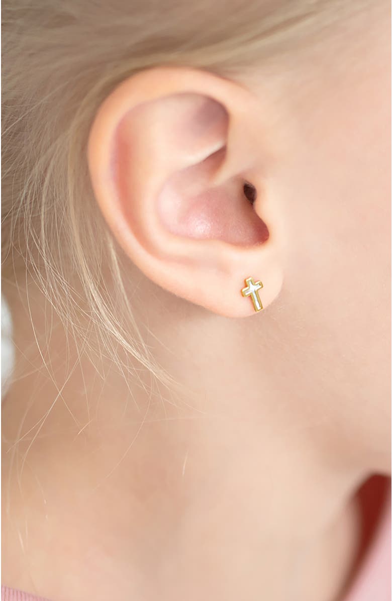 In Season Jewelry 14k Mother of Pearl Cross Earrings, Alternate, color, White