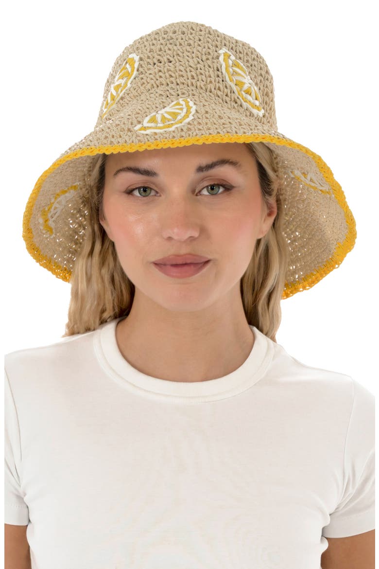 Lemon Embroidered Straw Bucket Hat, Alternate, color, YELLOW