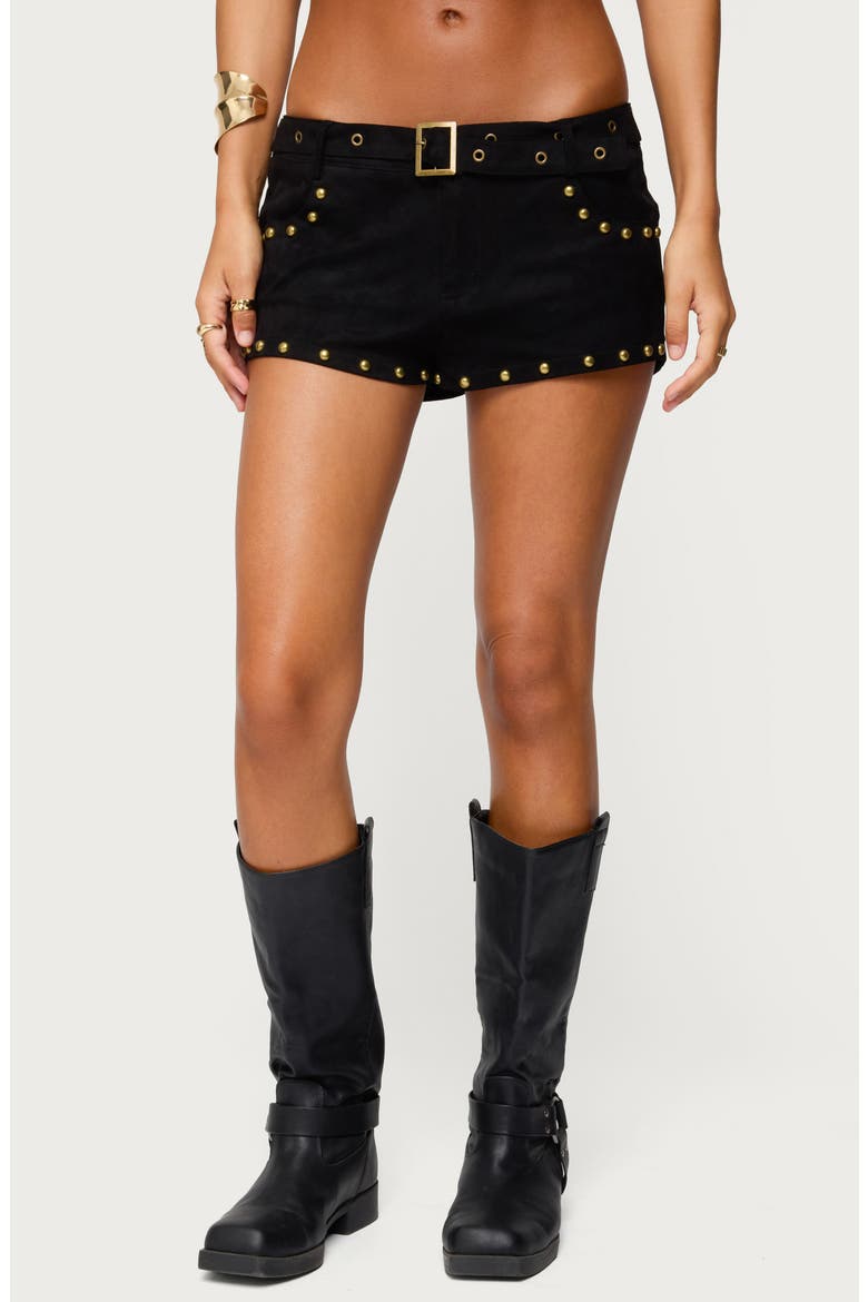 Belted Studded Faux Suede Microshorts, Main, color, BLACK