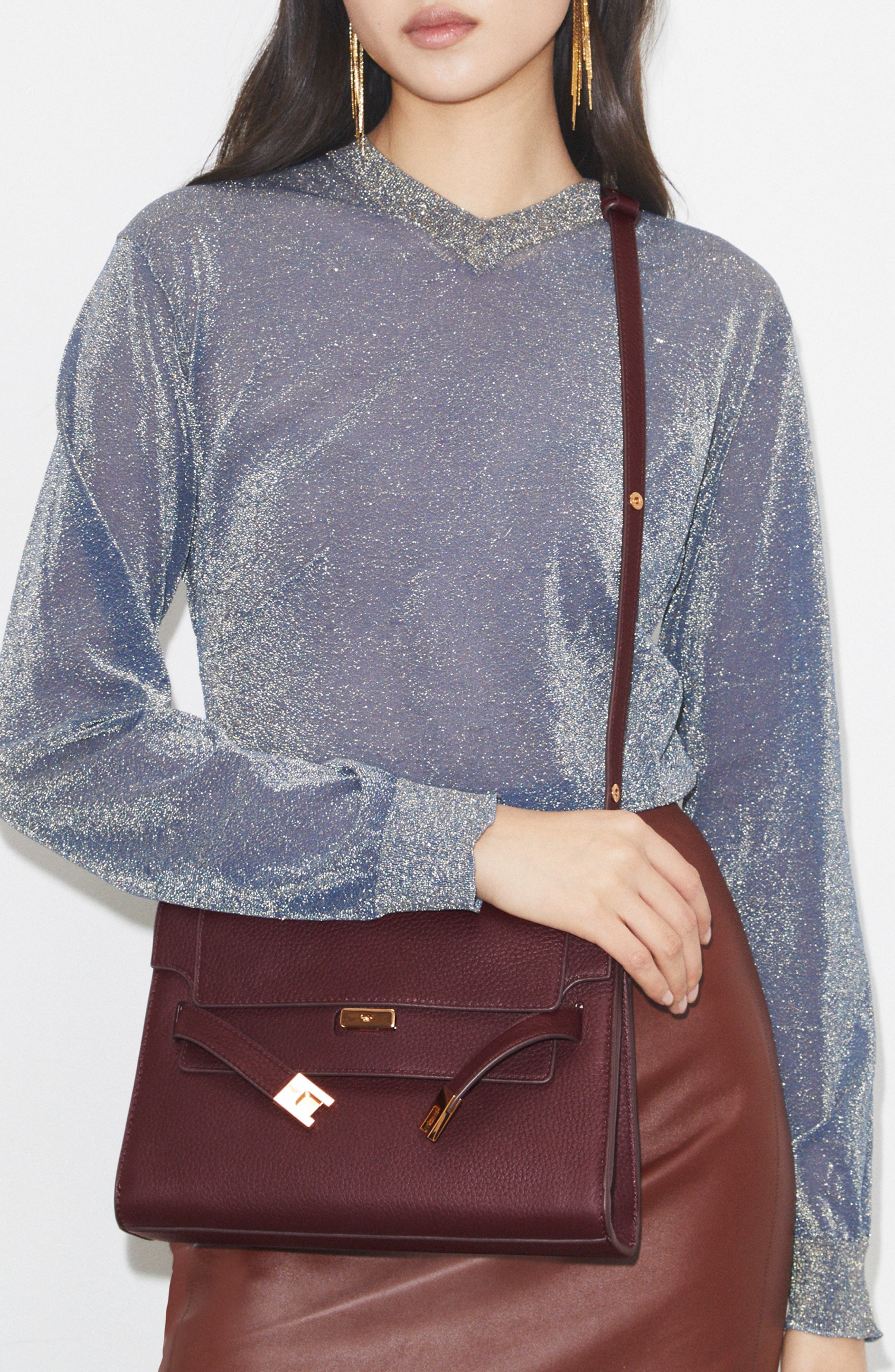 Tory Burch Large Lee Radziwill Pebble Leather Shoulder Bag, Alternate, color, Dark Carmine