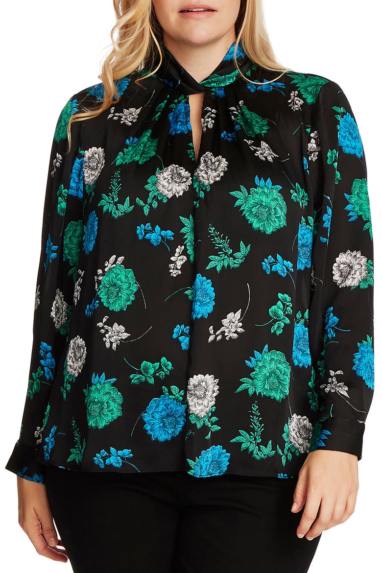 Floral Lagoon Twist Keyhole Neck Long Sleeve Blouse, Main, color, RICH BLACK