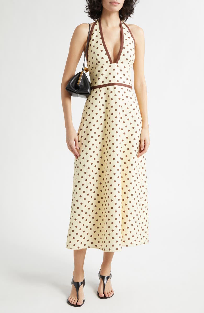 POSSE Bowie Polka Dot Plunge Halter Neck Midi Dress, Alternate, color, Vanilla/ Chocolate