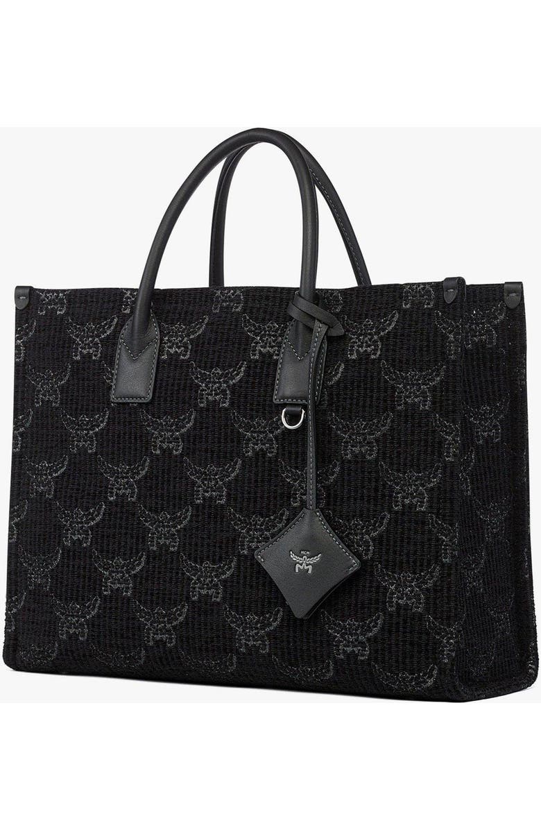 MCM Large Munchen Tote in Lauretos Lurex Jacquard, Alternate, color, Black