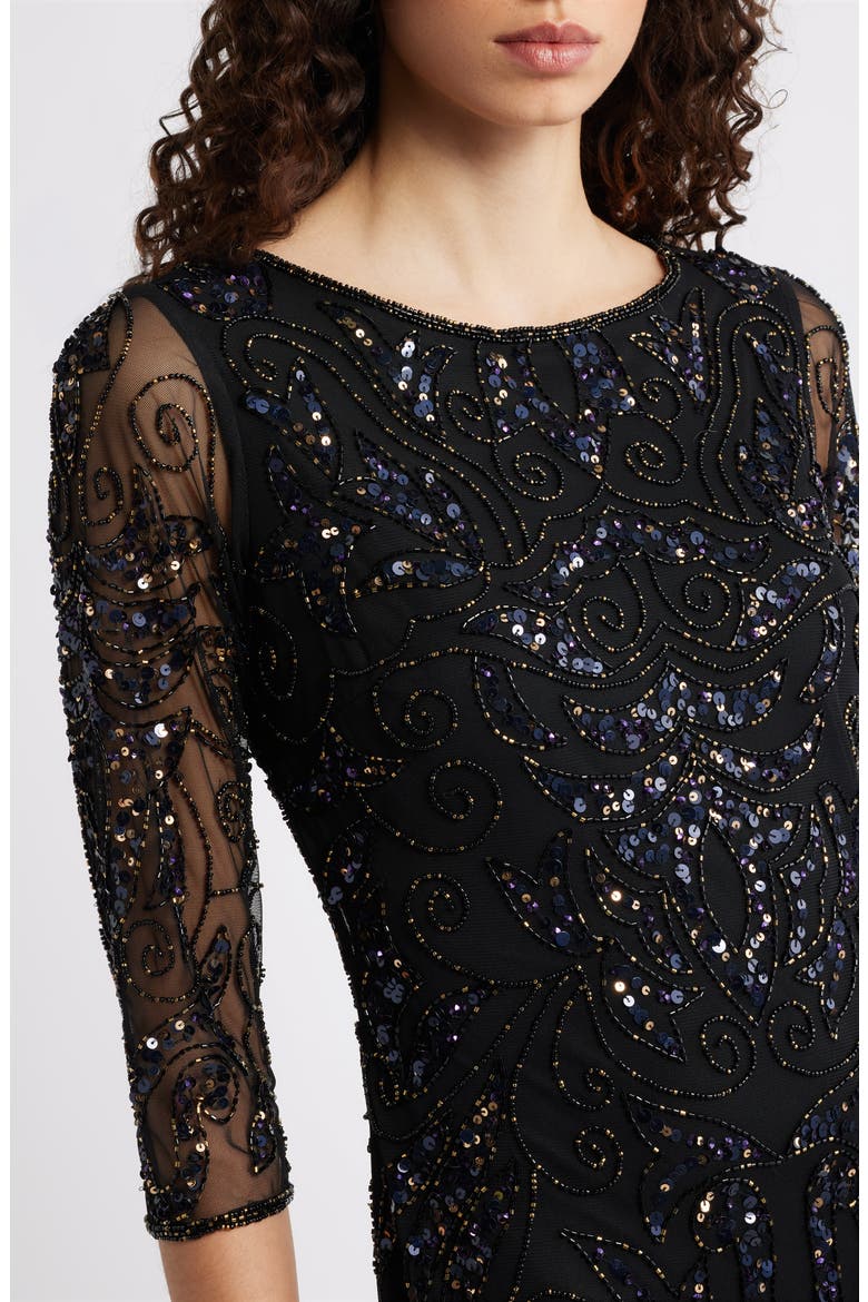 Illusion Sleeve Beaded A-Line Gown, Alternate, color, JET BLACK 004
