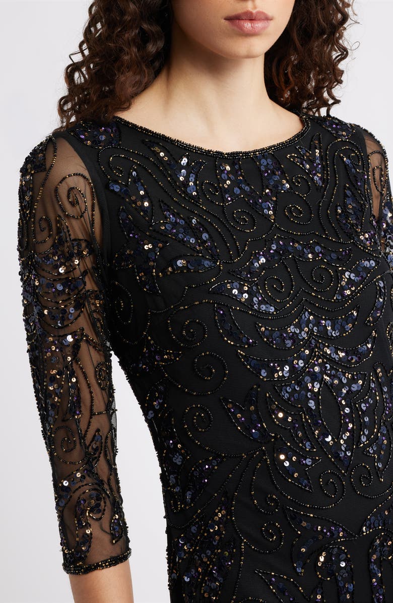 Pisarro Nights Illusion Sleeve Beaded A-Line Gown, Alternate, color, Jet Black 004