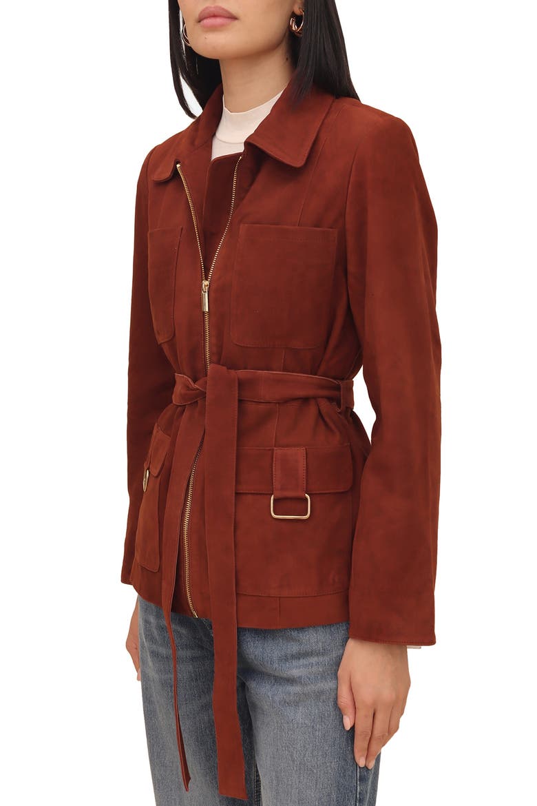 Tie Belt Genuine Suede Utility Jacket, Alternate, color, BRICK