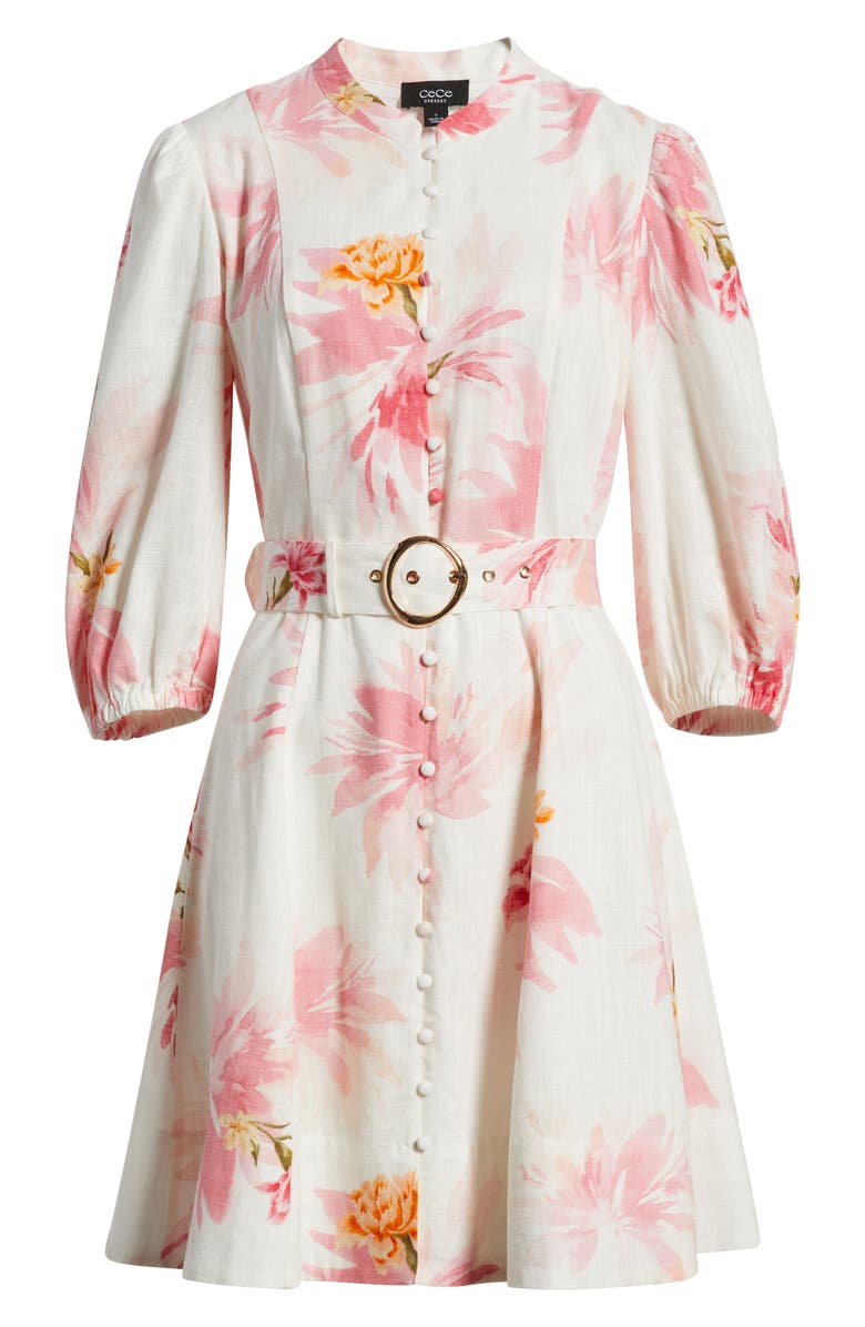 CeCe Floral Print Belted Dress, Alternate, color, Lucent White